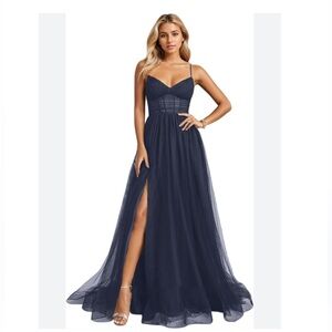Speechless Navy Tulle Pleated Bodice Slit Elegant Gown Juniors